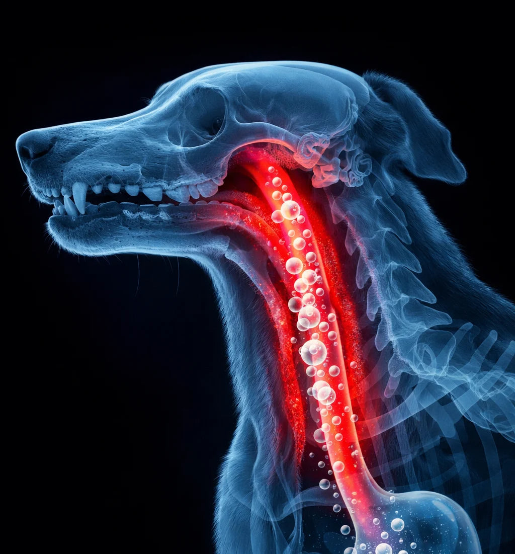 X-ray of dog with glowing red esophagus